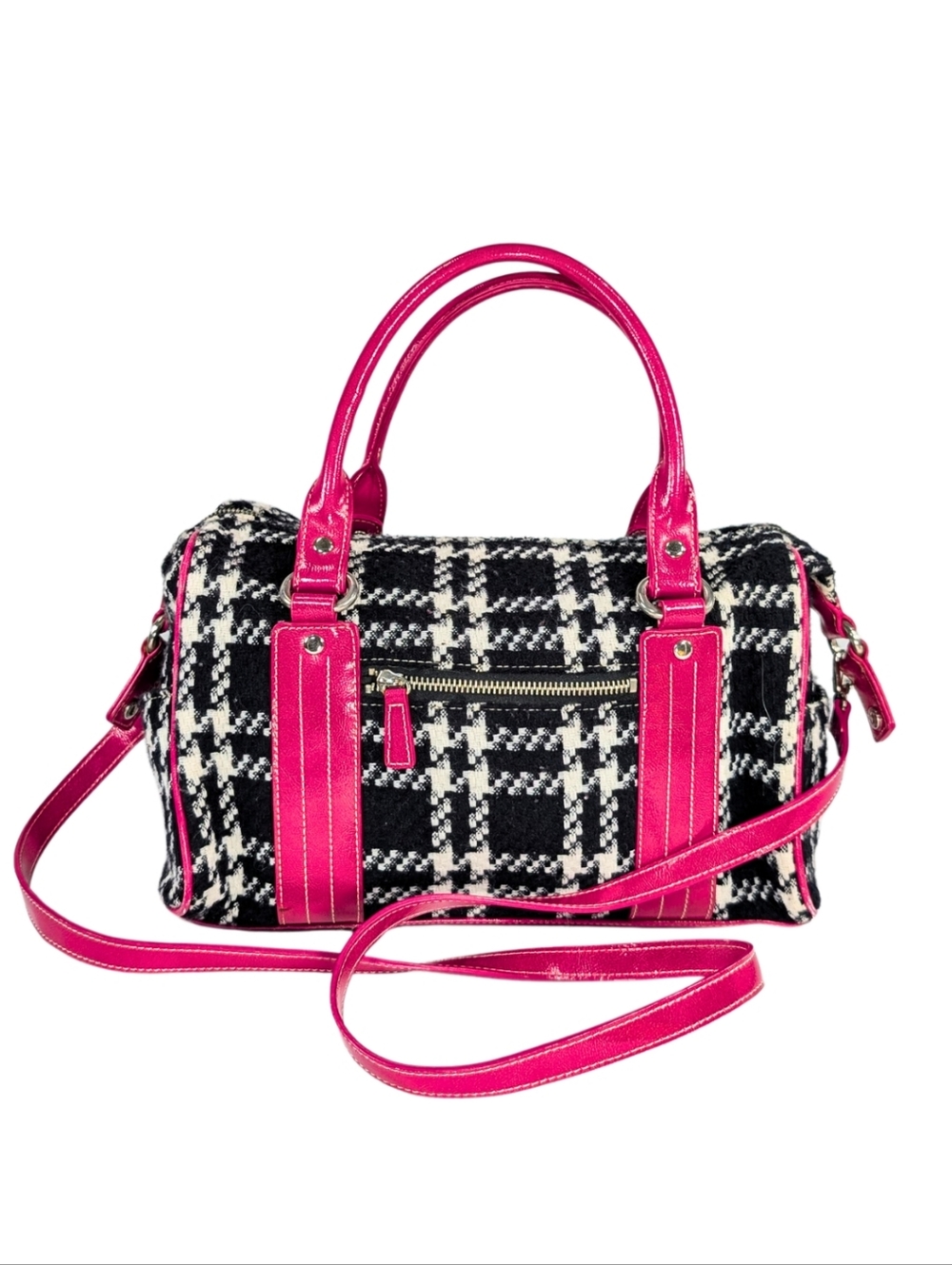 Valerie Stevens Y2K Black White Tweed Plaid Pink Faux Leather 2-Way Satchel